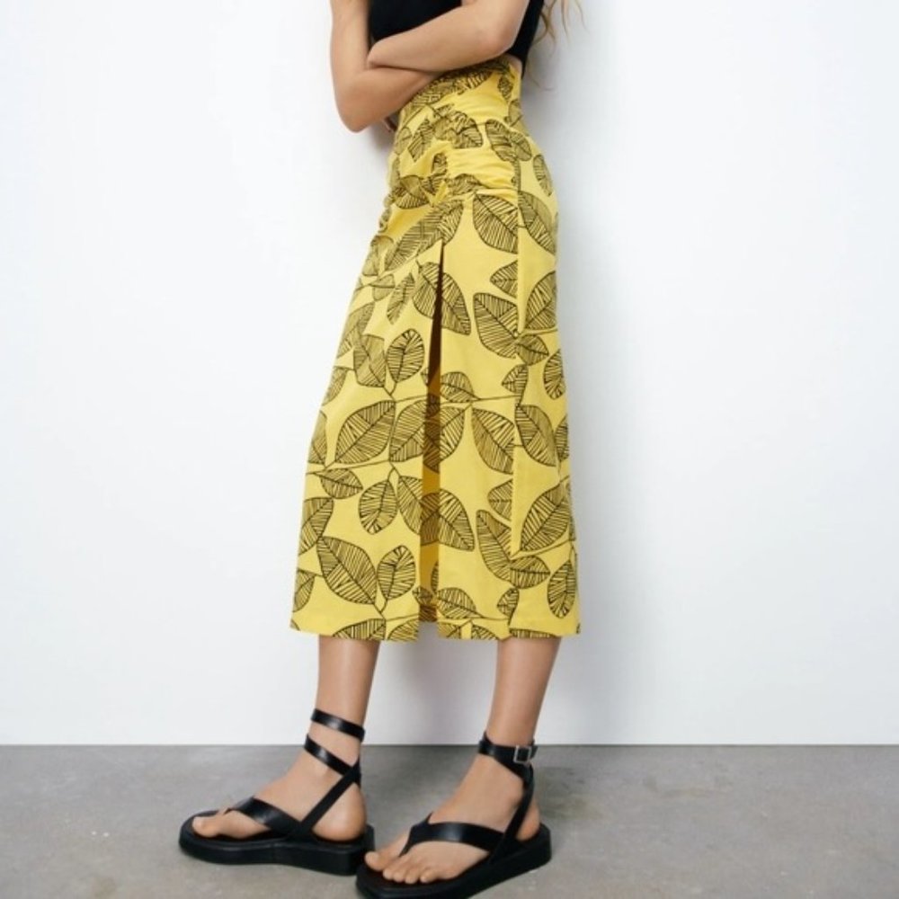 NEW! ZARA BLOGGERS FAVE Leaf Print Linen Blend High-Waisted Split Skirt … - Picture 3 of 8